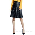 Fashion Knee-length Midi Black A-line PU Leather Skirt